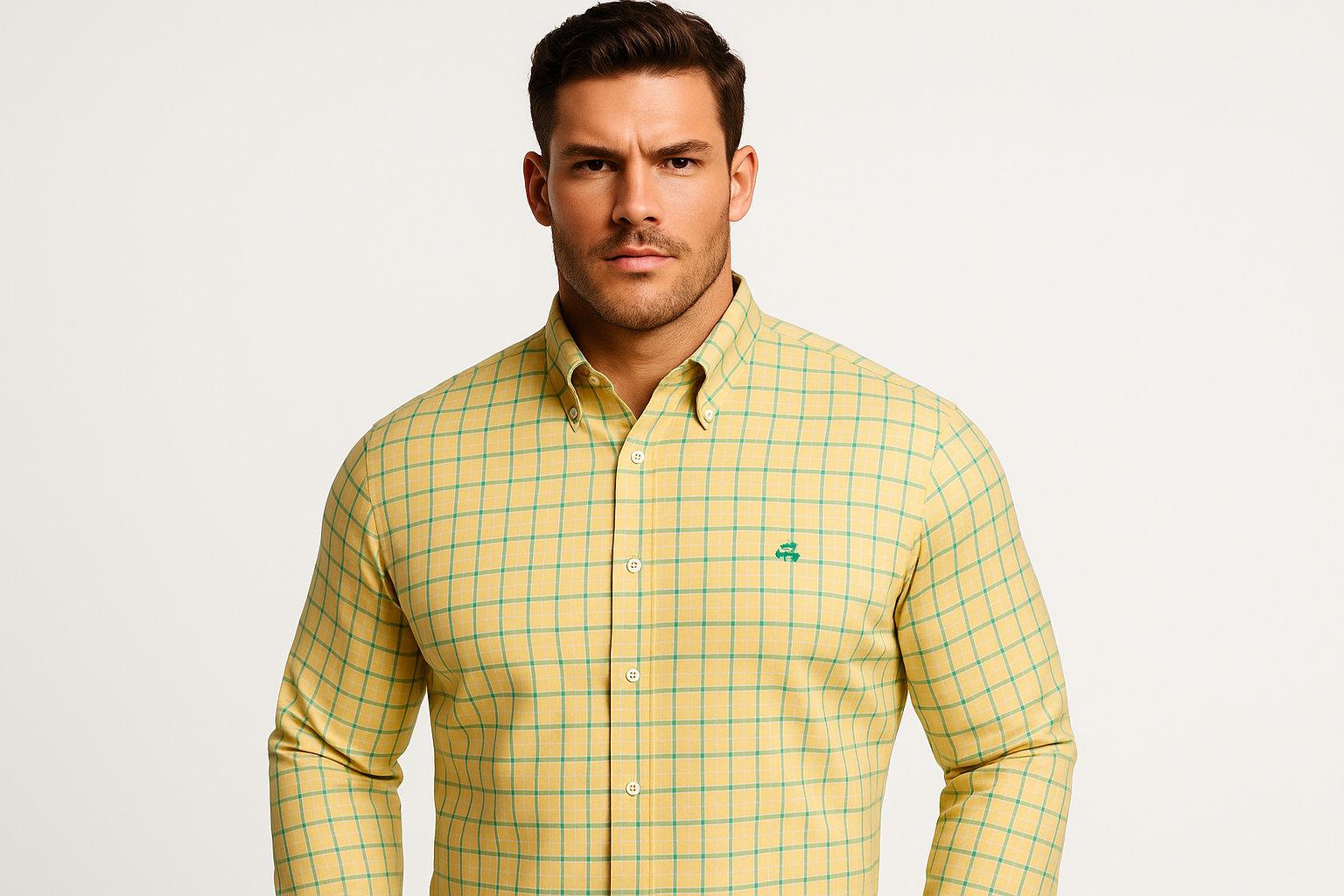 Athletic model wearing Brooks Brothers shirt