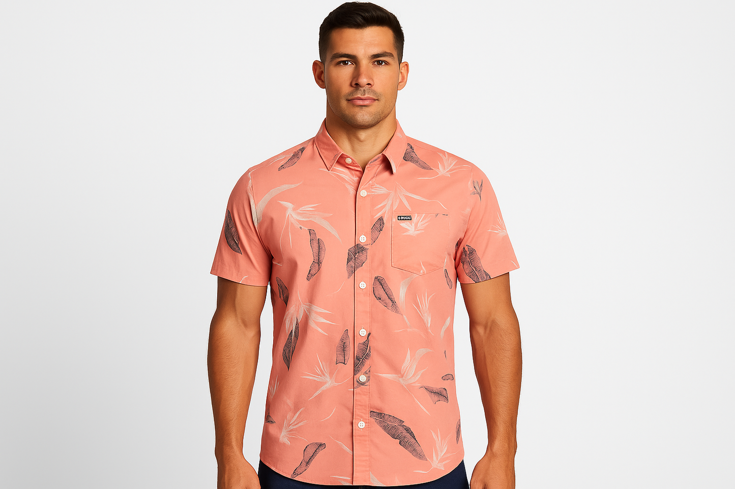 Athletic model wearing feather print shirt