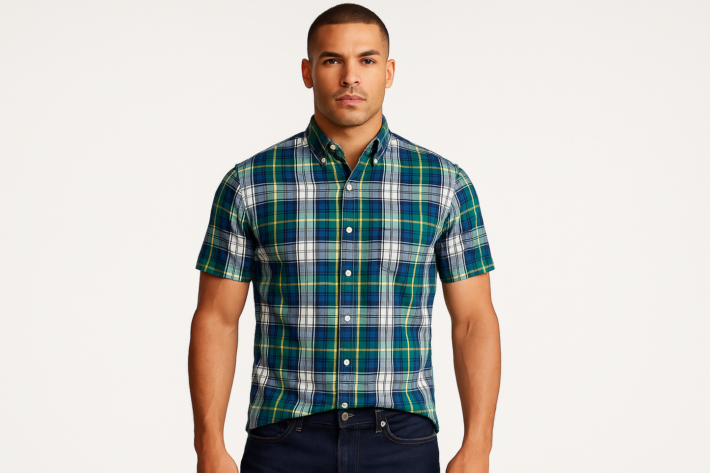 Athletic model wearing green and blue plaid shirt