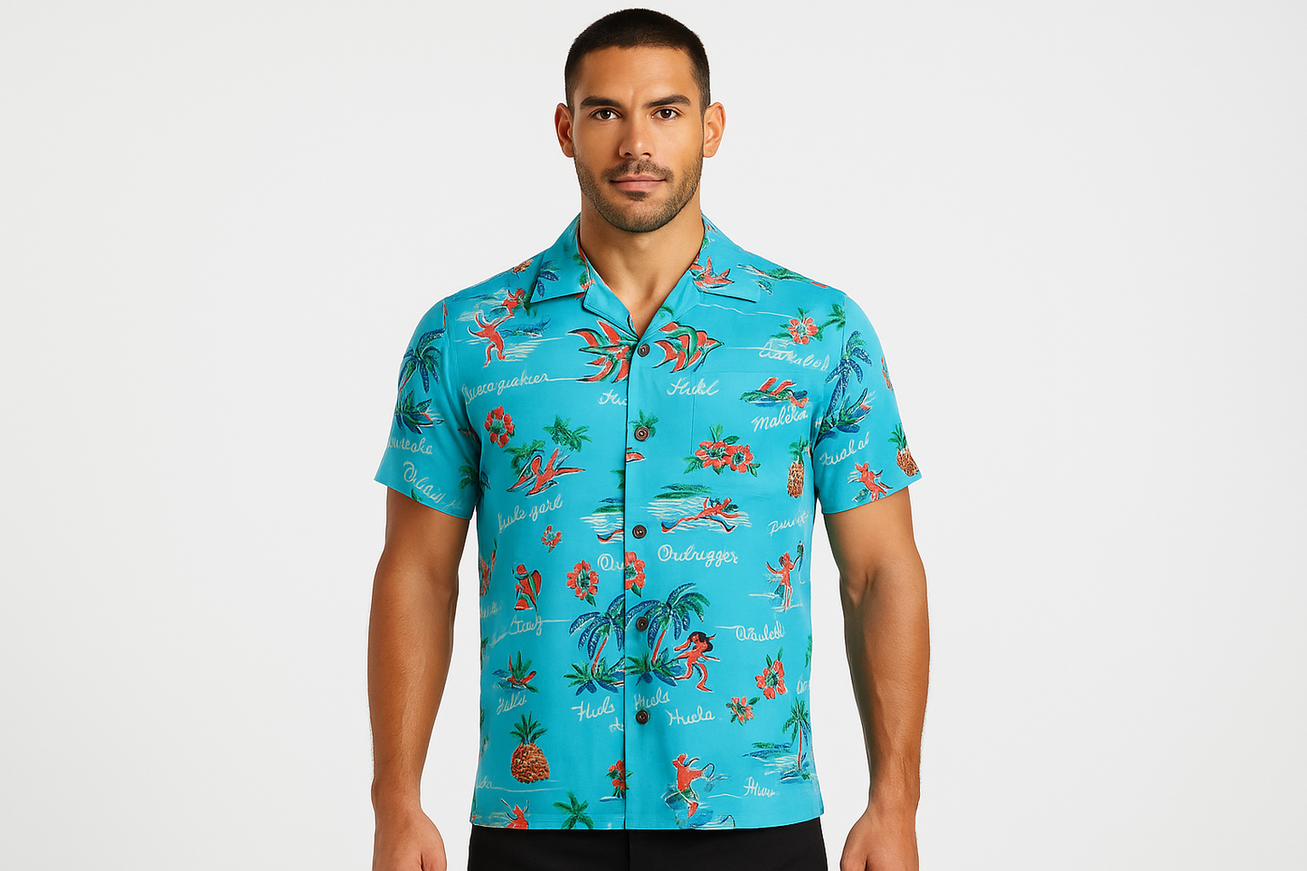 Athletic model wearing Hawaiian shirt
