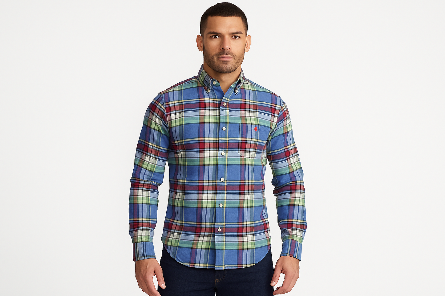 Athletic model wearing multicolor plaid shirt