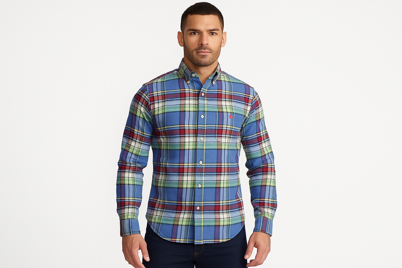 Athletic model wearing multicolor plaid shirt