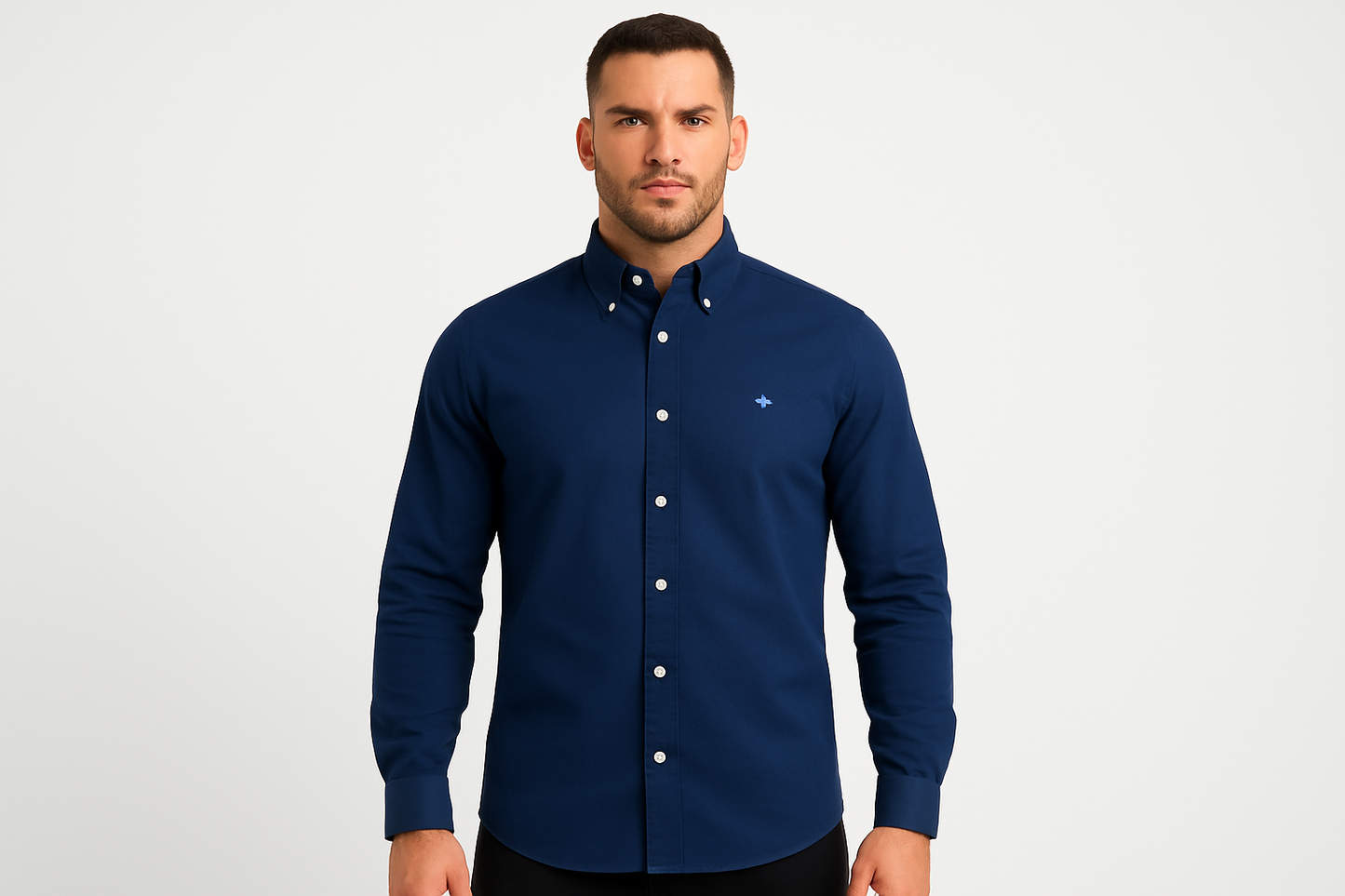 Athletic model wearing navy blue shirt with button-down collar