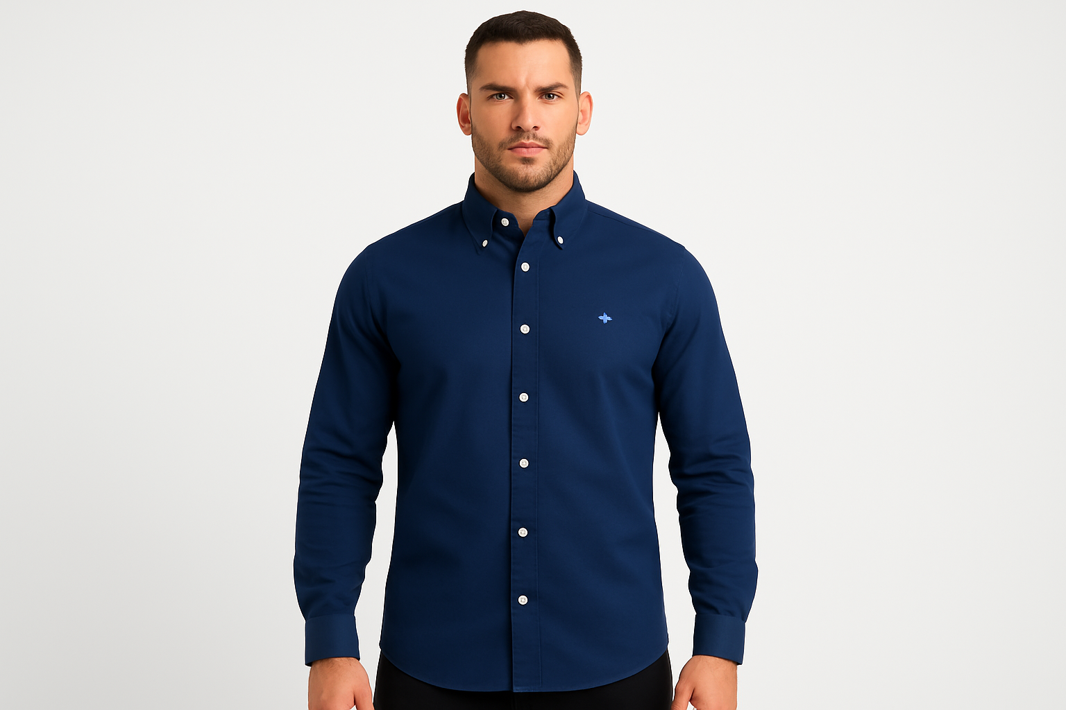 Athletic model wearing navy blue shirt with button-down collar