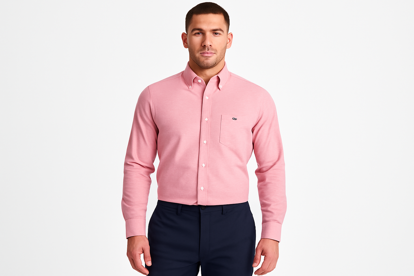 Athletic model wearing pink shirt with whale logo