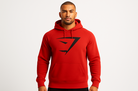 Athletic model wearing red hoodie with black logo