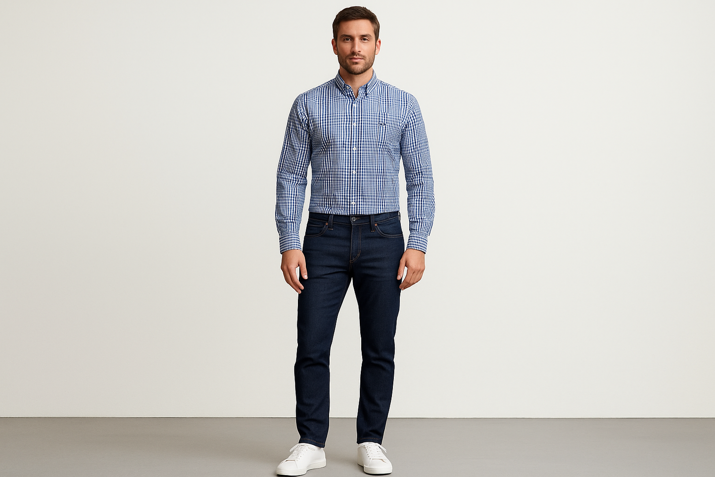 Camisa a cuadros con jeans y sneakers