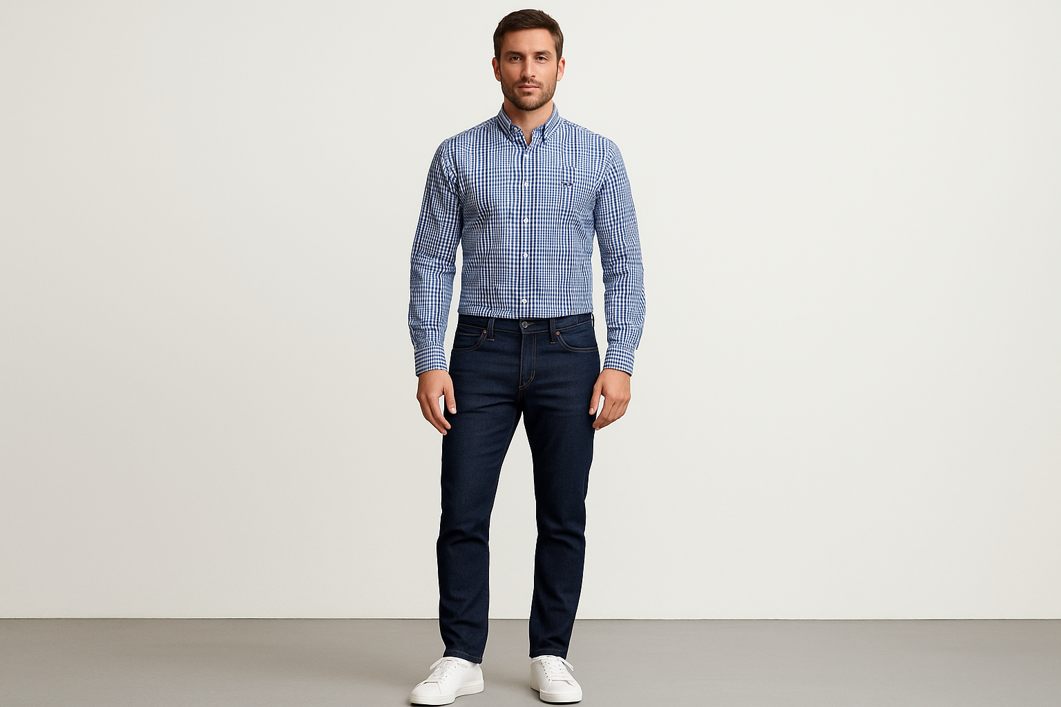 Camisa a cuadros con jeans y sneakers