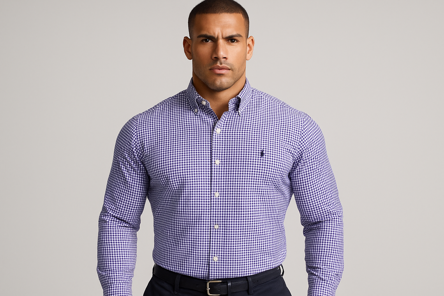 Camisa a cuadros morados con modelo atlético