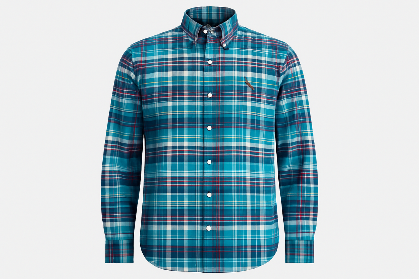 Camisa a cuadros turquesa, azul marino y rojo tipo ghost mannequin