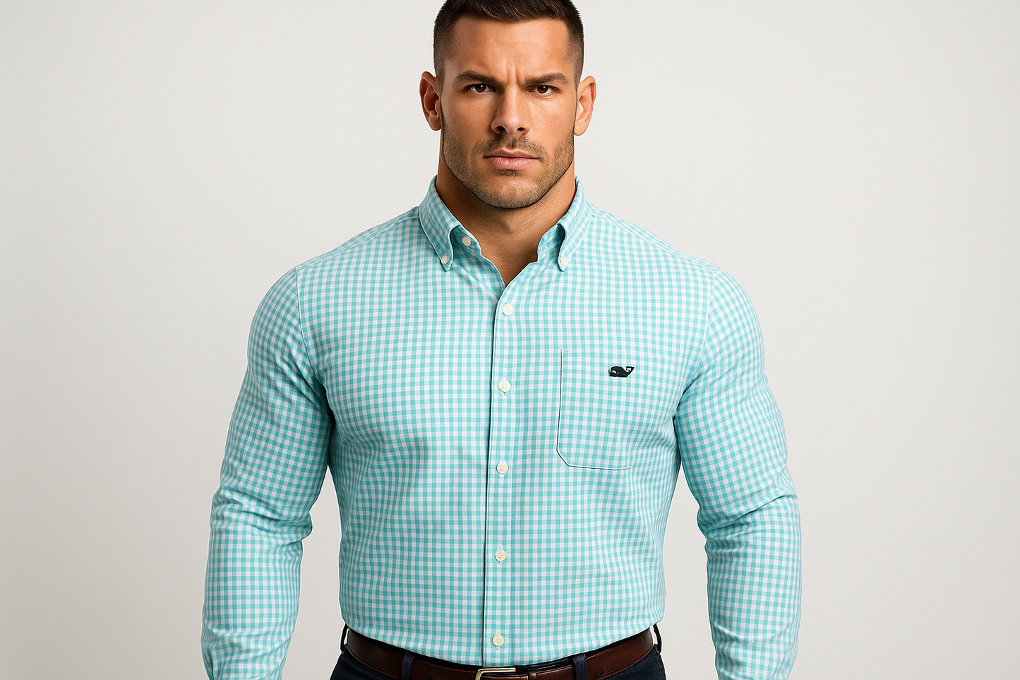 Camisa a cuadros turquesa con modelo atlético