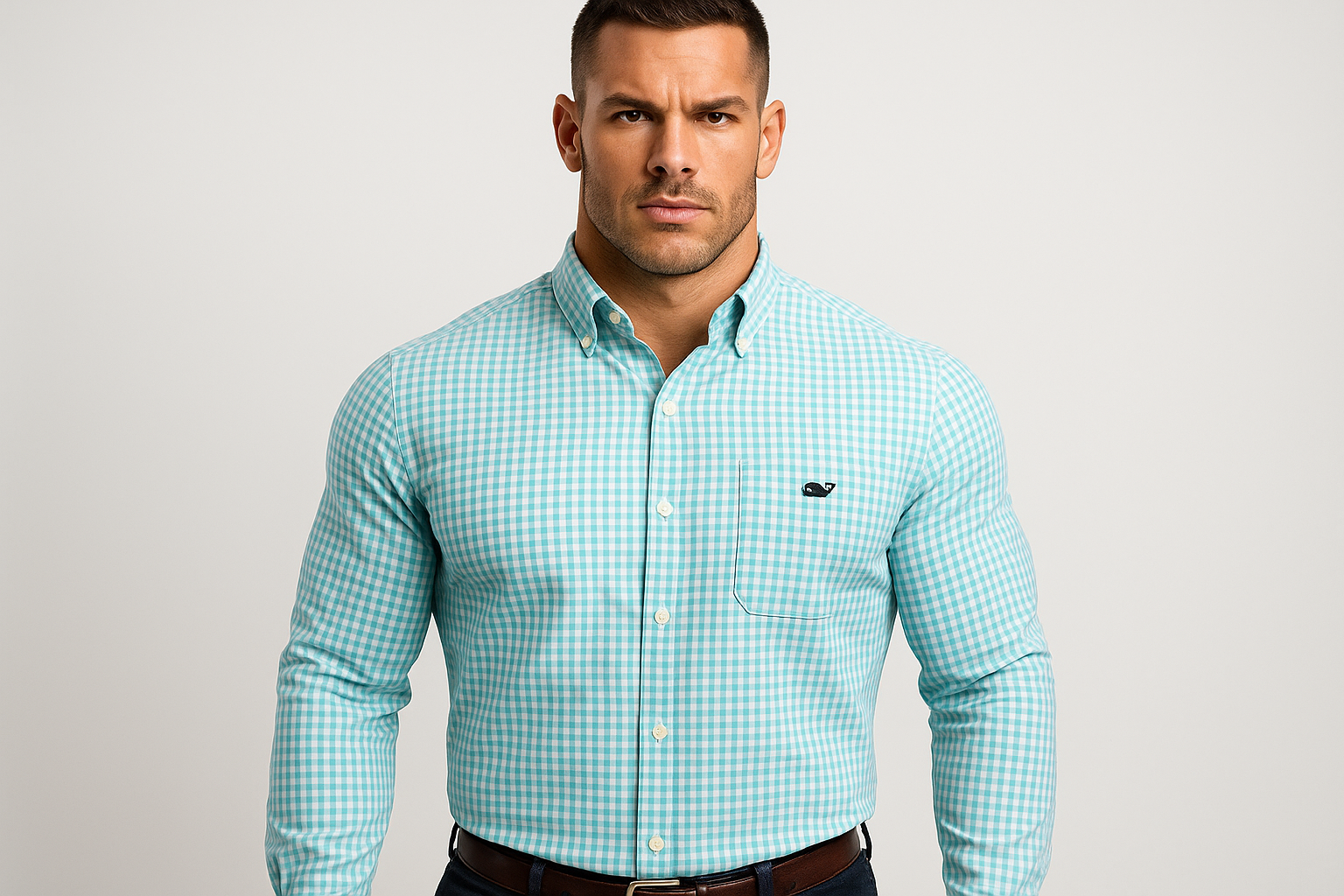 Camisa a cuadros turquesa con modelo atlético