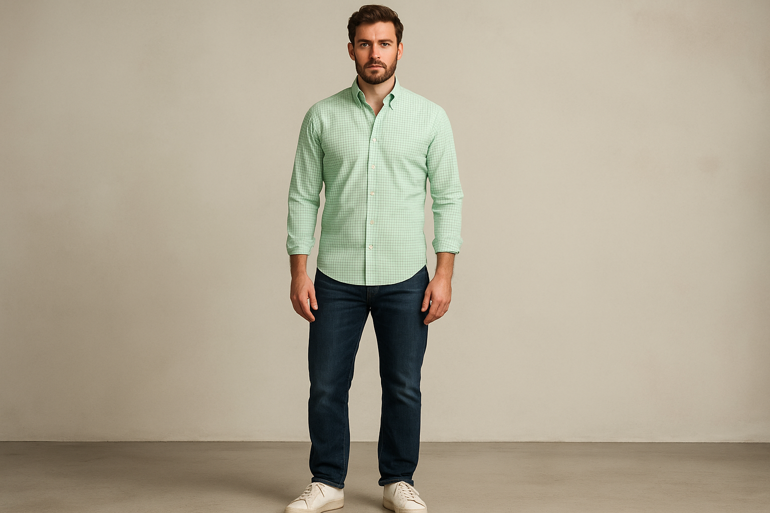 Camisa a cuadros verde con jeans y sneakers