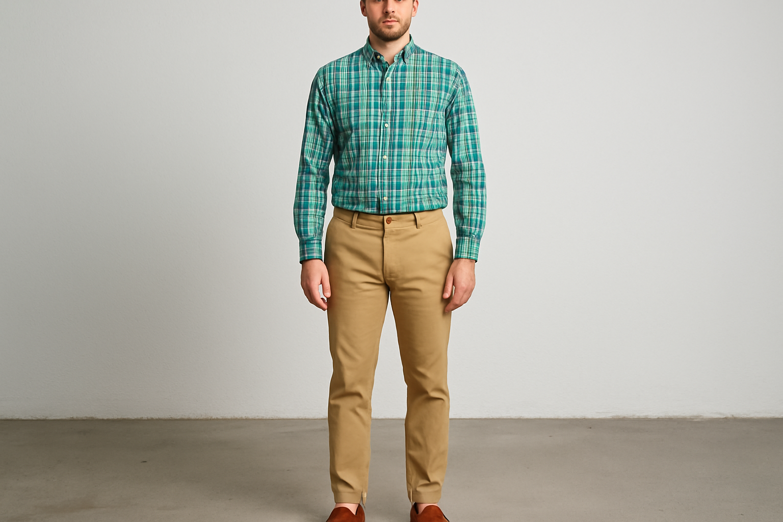 Camisa a cuadros verde y azul con chinos y mocasines