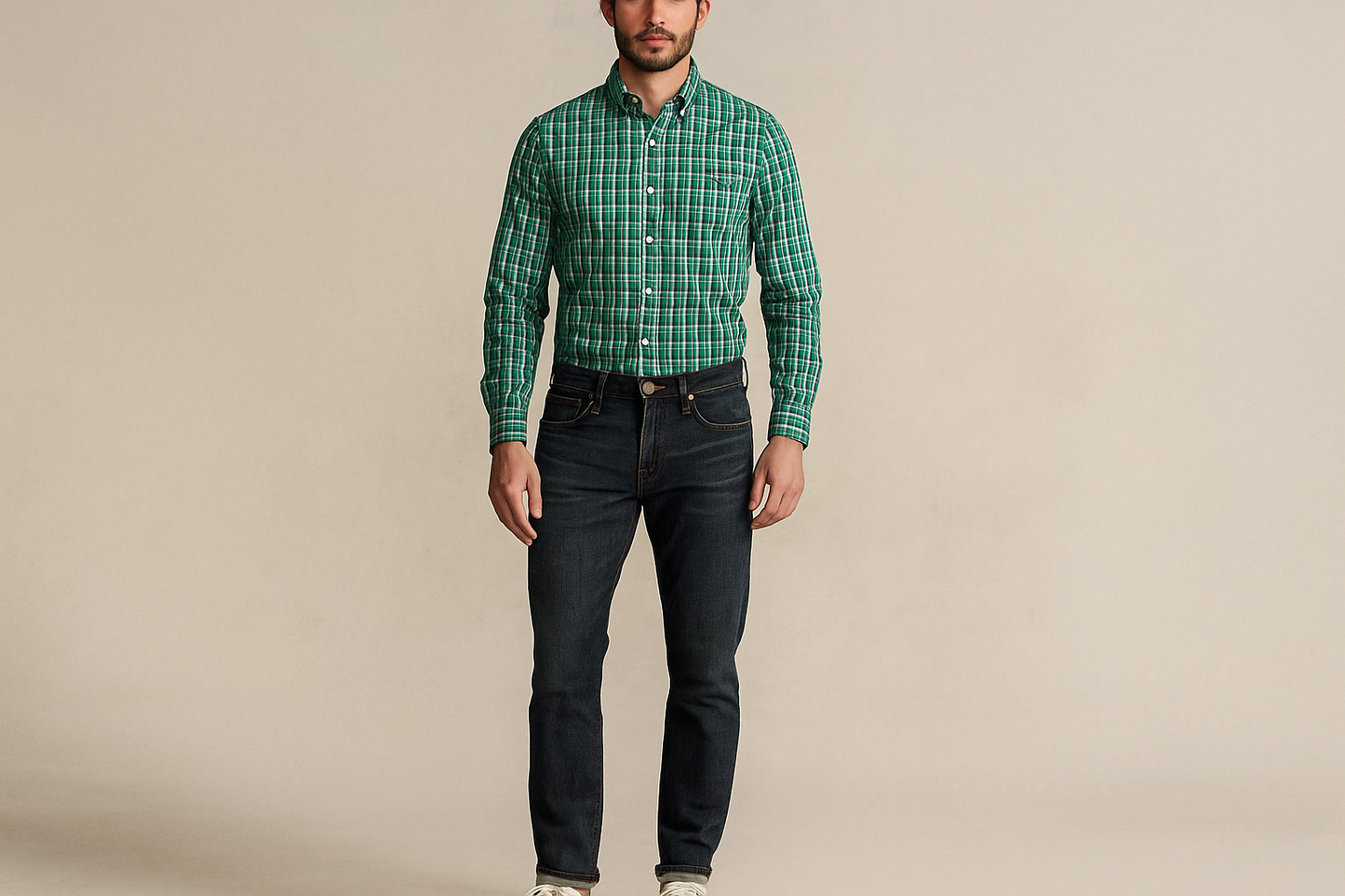 Camisa a cuadros verde y azul con jeans y sneakers