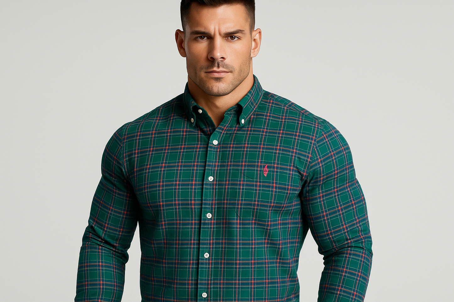 Camisa a cuadros verdes con modelo atlético