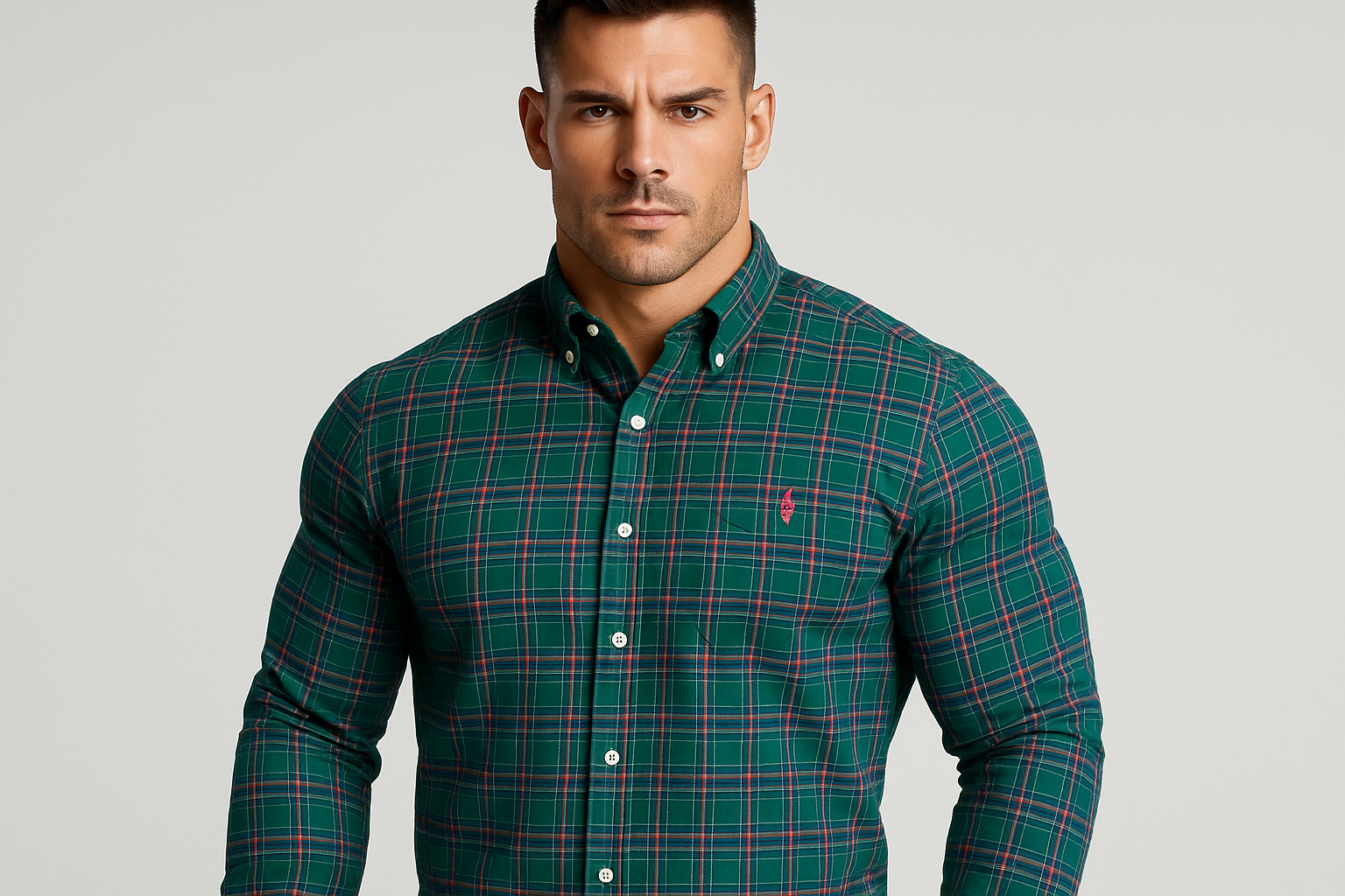 Camisa a cuadros verdes con modelo atlético