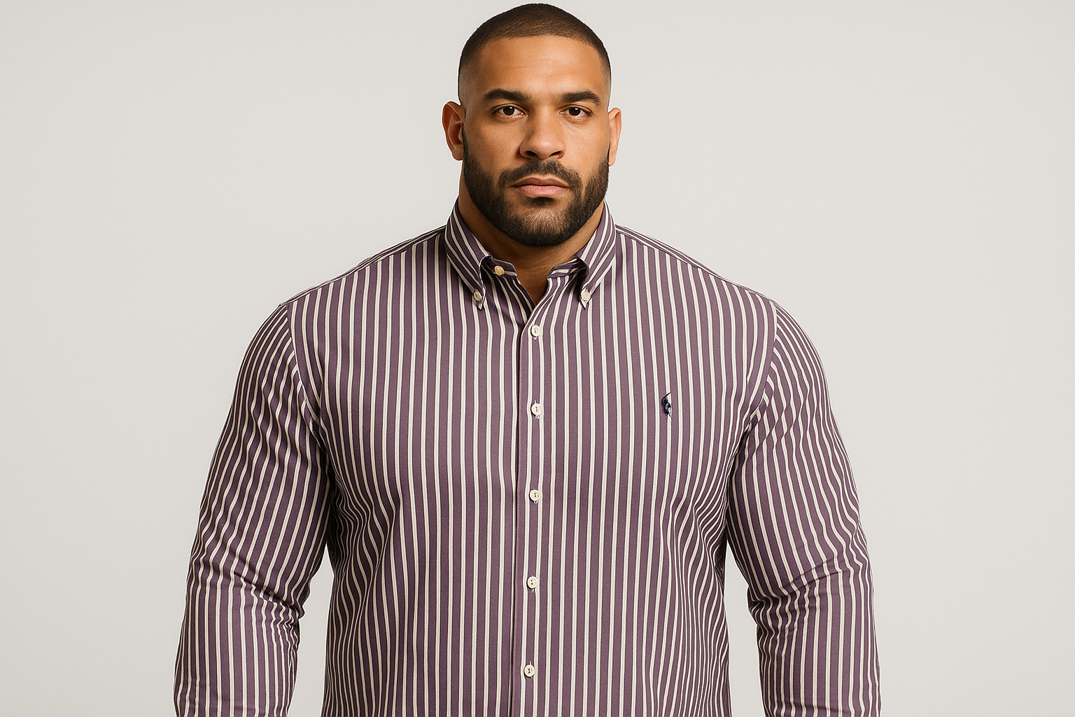 Camisa a rayas moradas y blancas con modelo atlético