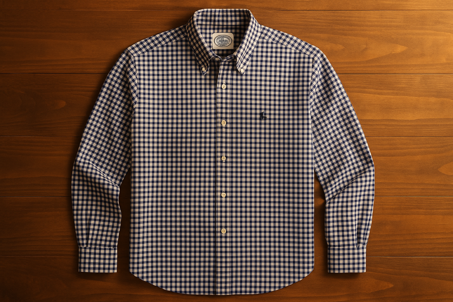 Camisa Brooks Brothers con patrón gingham y logo pequeño de oveja sobre mesa con luz cálida