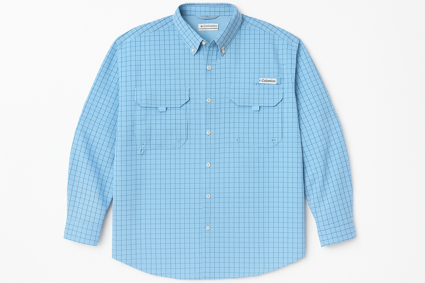 Camisa Columbia Super Bonehead celeste líneas finas 4 bolsillos velcro frontal