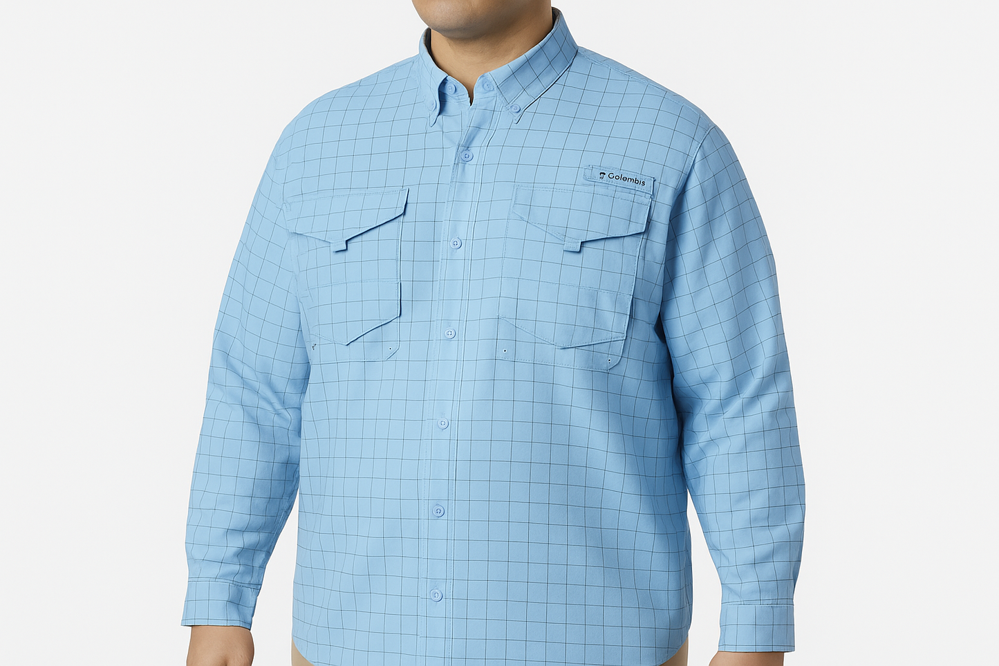 Camisa Columbia Super Bonehead celeste líneas finas 4 bolsillos velcro maniquí