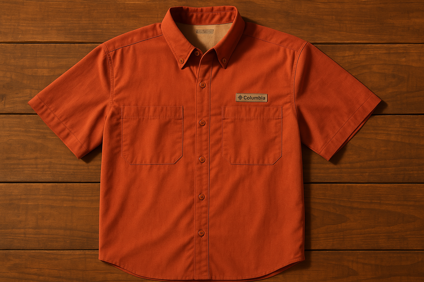 Camisa Columbia Super Tamiami con bolsillos abiertos sobre mesa con luz cálida