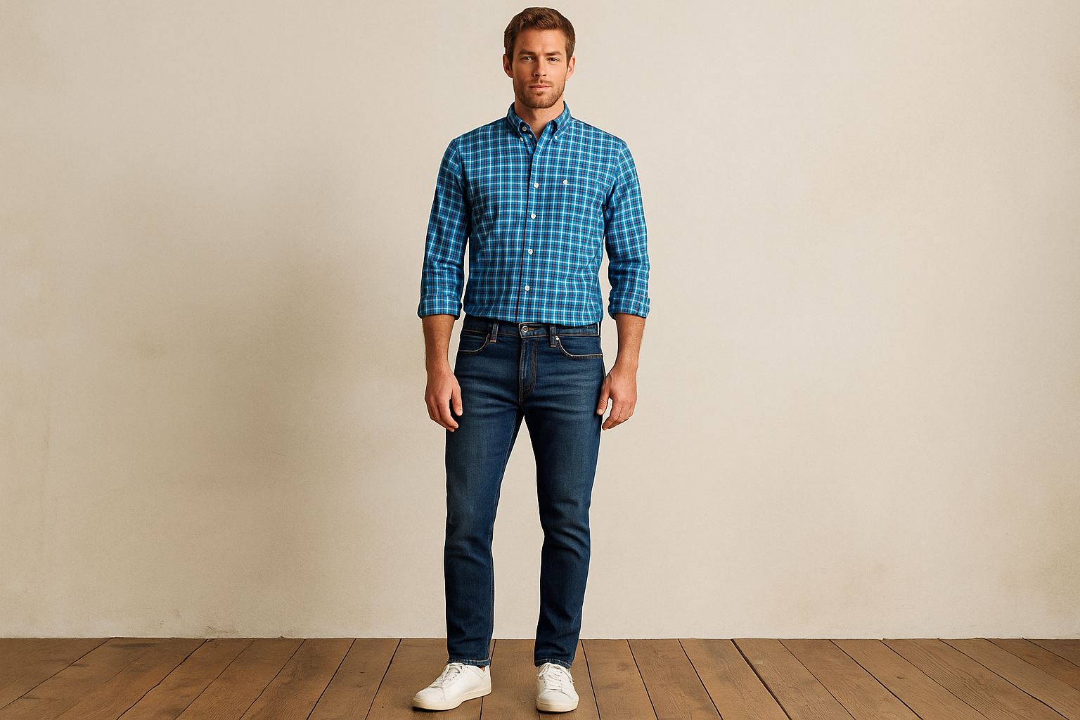 Camisa con jeans y sneakers