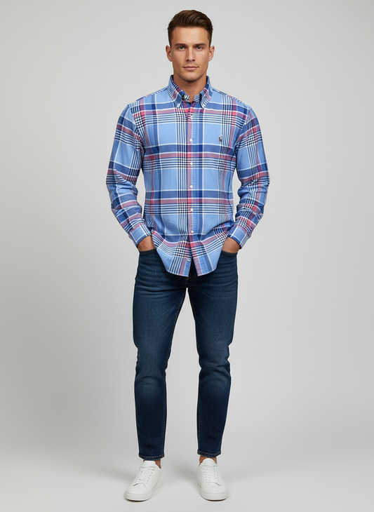 Camisa Cuadros Azul Rosa con Modelo Atlético Talla M