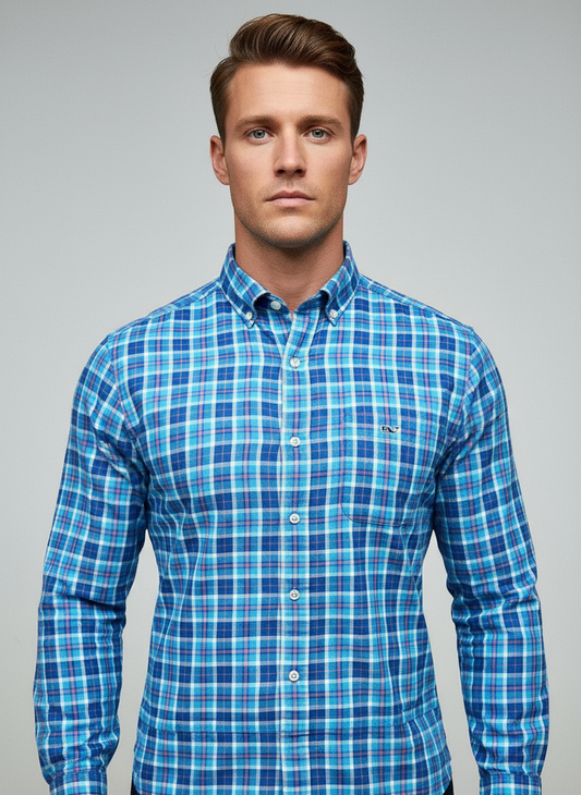 Camisa Cuadros Azul Turquesa con Modelo Atlético Talla S