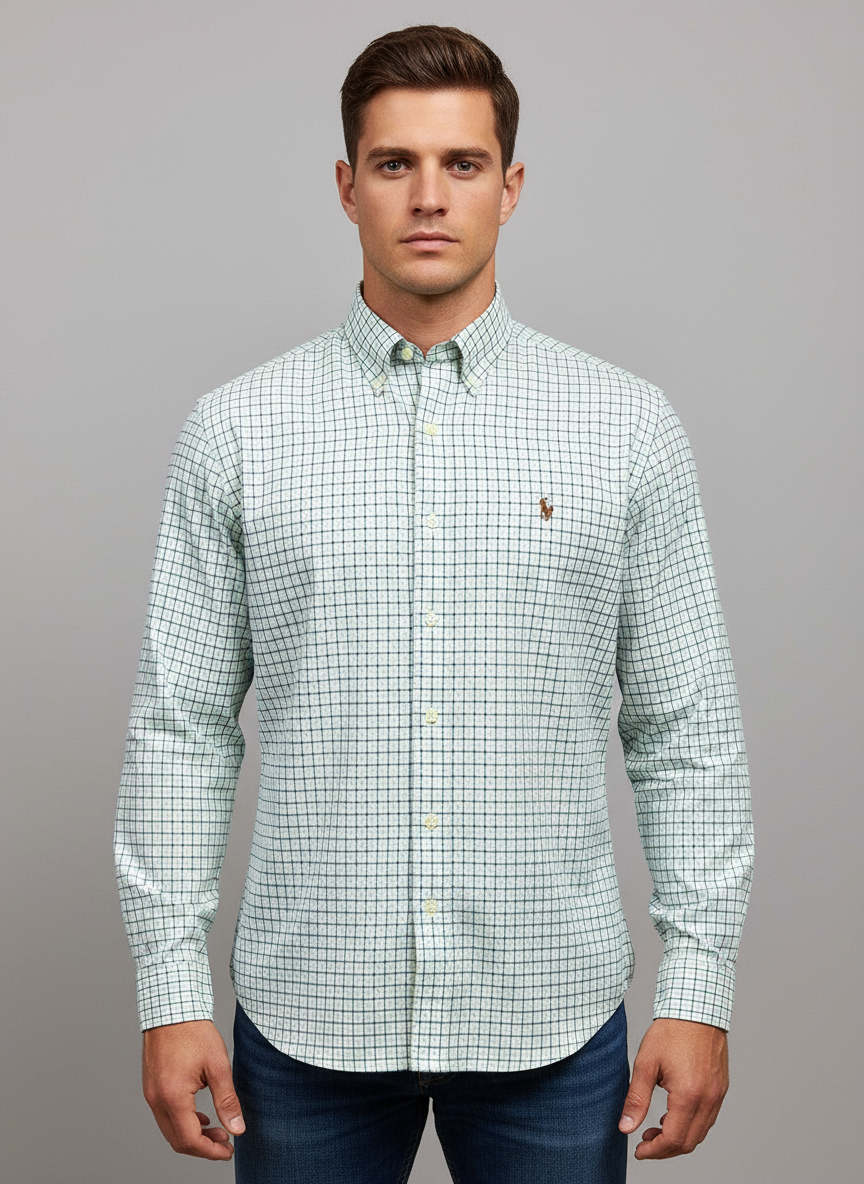 Camisa Cuadros Blanca Verde con Modelo Atlético Talla M