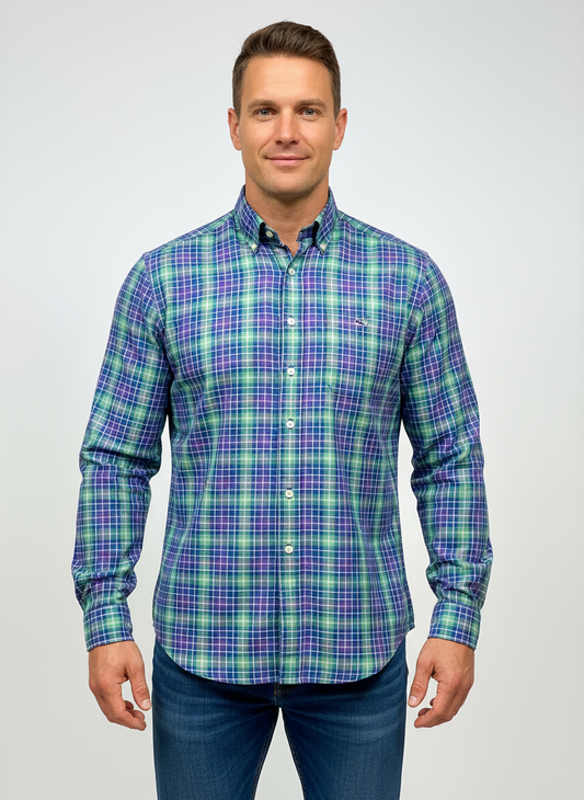 Camisa Cuadros Verde Morado con Modelo Atlético Talla S
