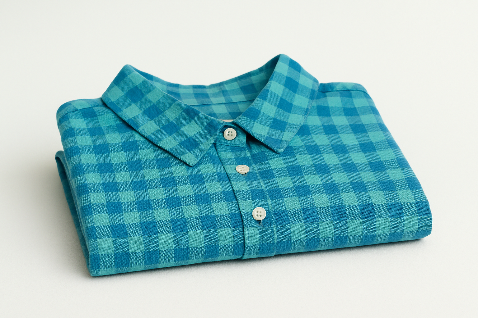 Camisa de cuadros azul y turquesa para mujer doblada vista lateral