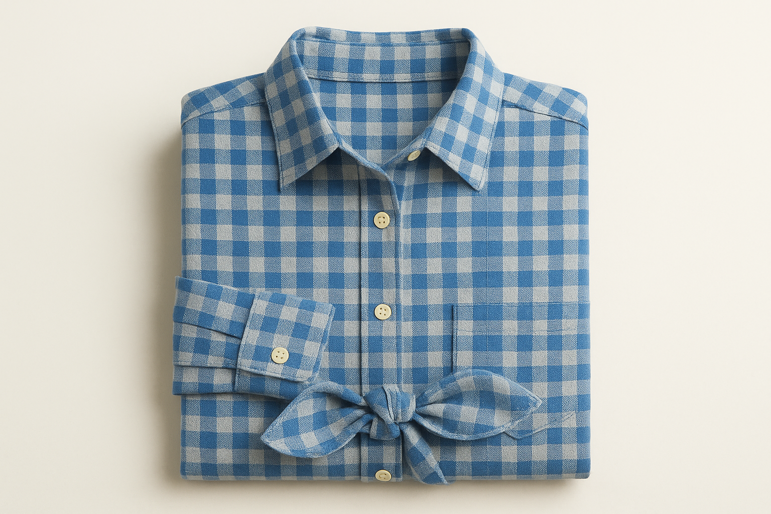 Camisa de cuadros con nudo frontal doblada vista lateral