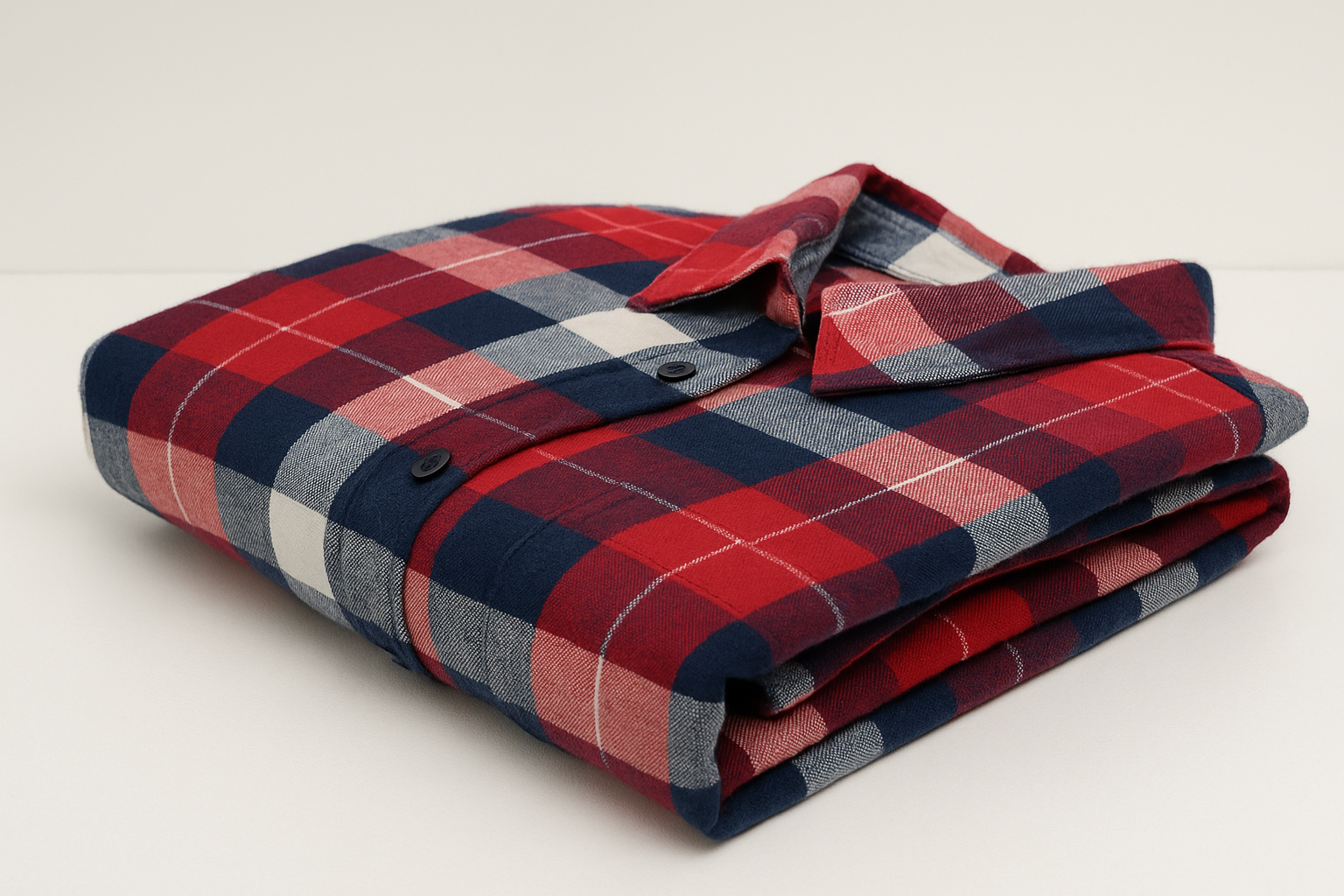 Camisa de cuadros rojo, azul marino y blanco para mujer doblada vista lateral