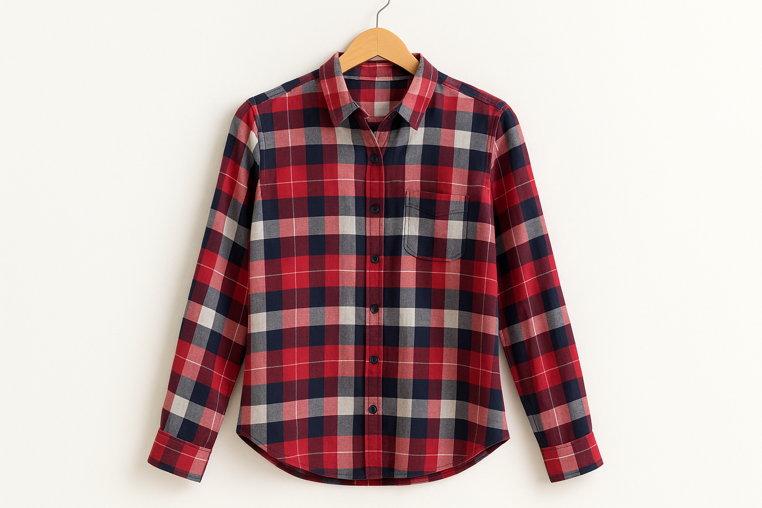 Camisa de cuadros rojo, azul marino y blanco para mujer en gancho