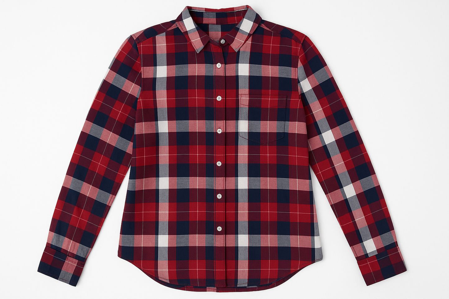 Camisa de cuadros rojo, azul marino y blanco para mujer vista frontal plana