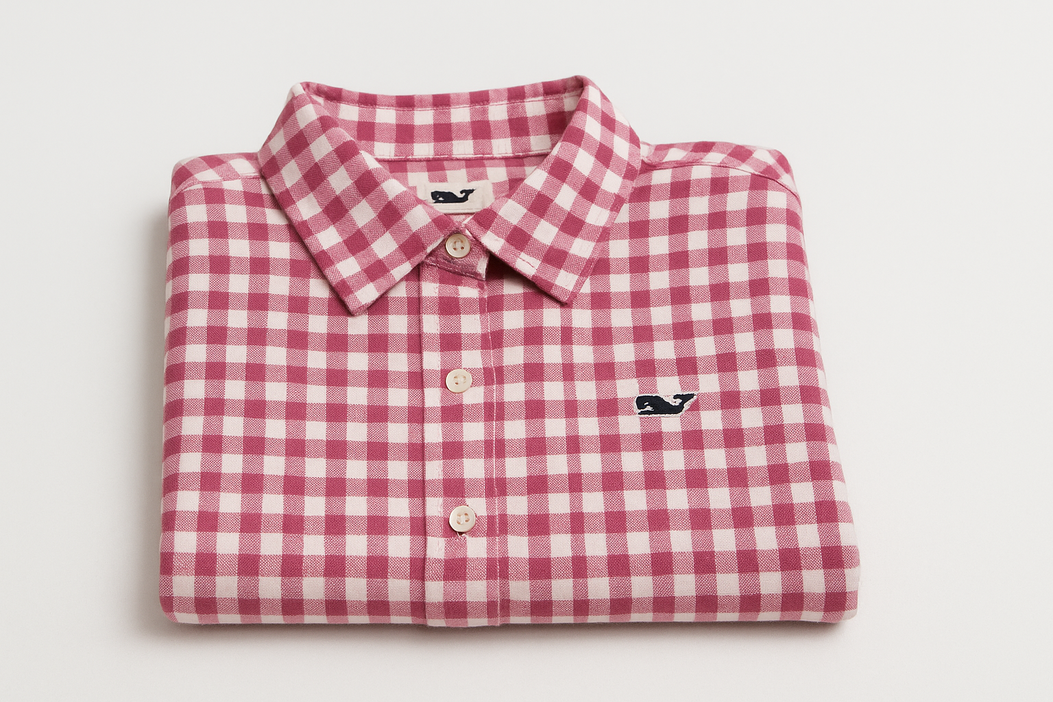 Camisa de cuadros rosa y blanco para mujer doblada vista lateral