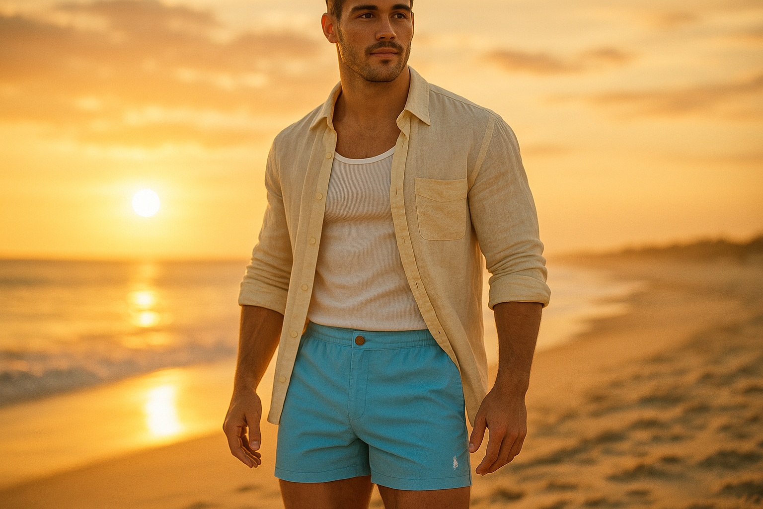 Camisa de lino 5 - Beige abierta sobre tank top