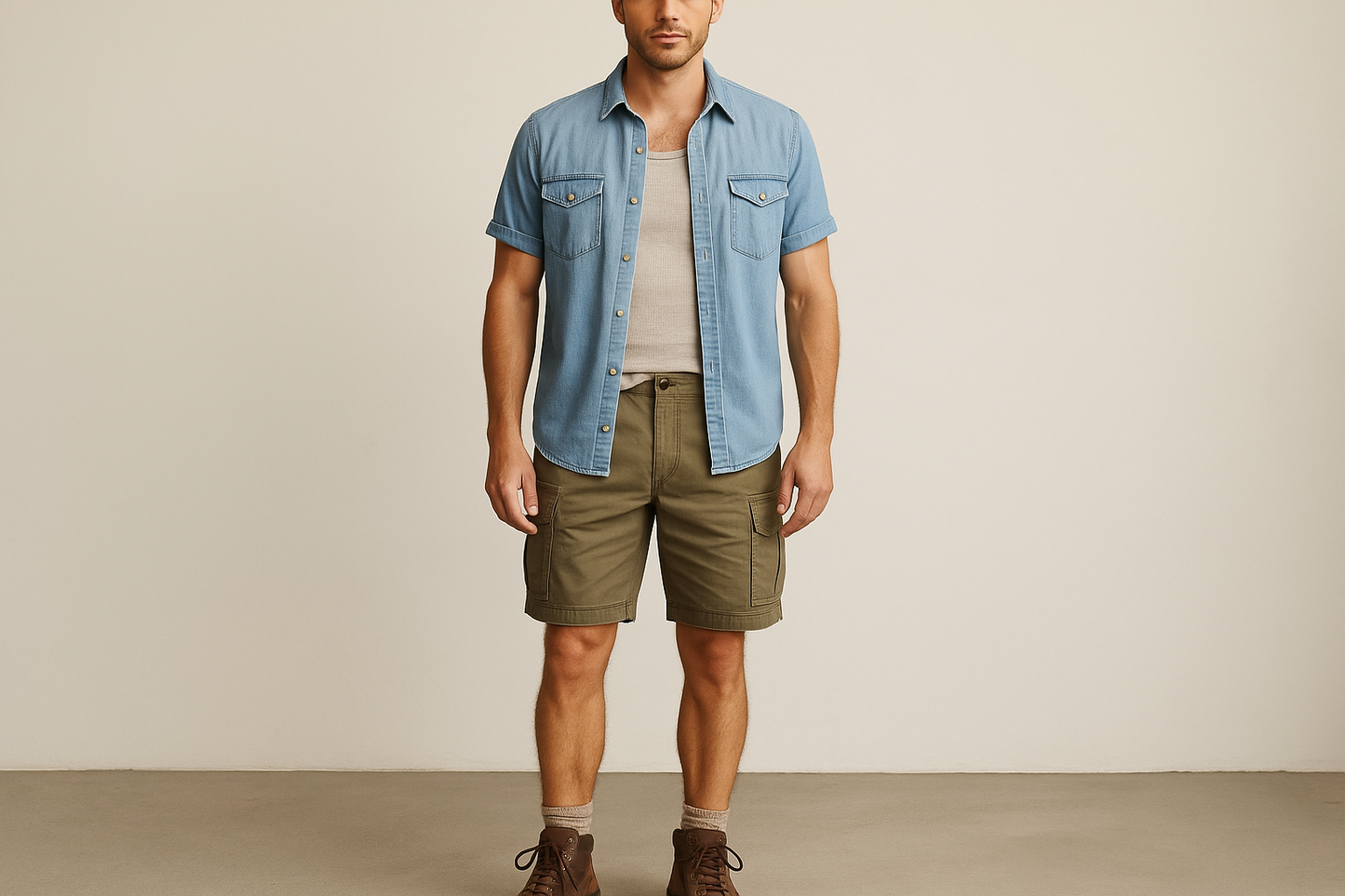 Camisa de mezclilla abierta con shorts cargo