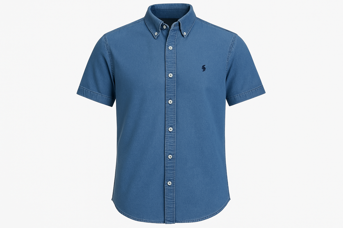 Camisa de mezclilla azul de manga corta con logo del polo tipo ghost mannequin