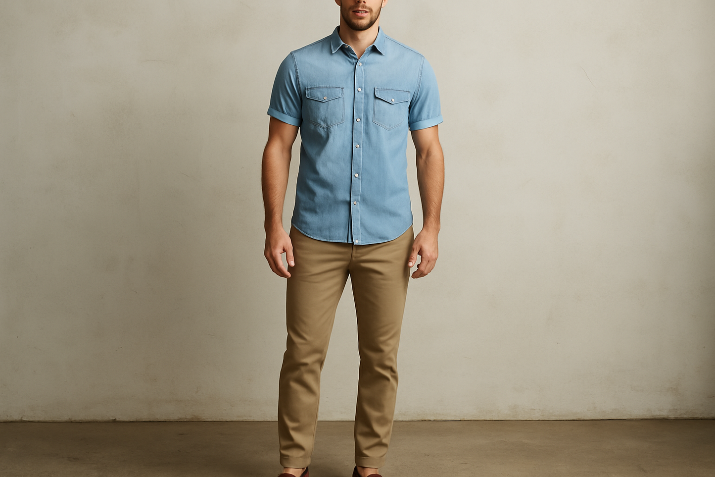 Camisa de mezclilla con chinos y mocasines