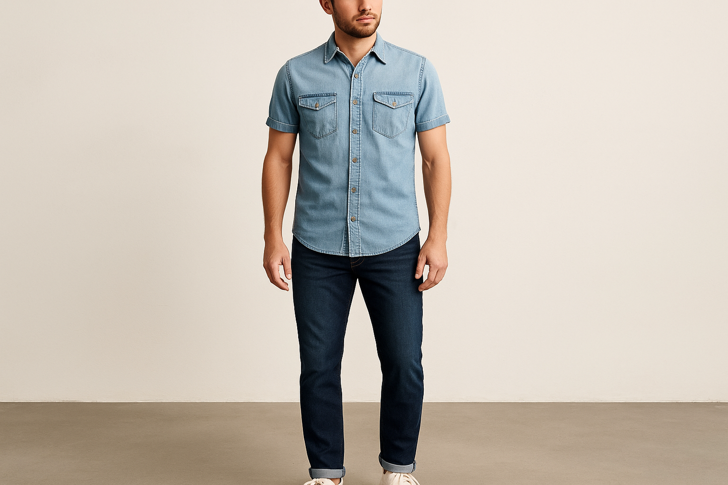 Camisa de mezclilla con jeans y sneakers