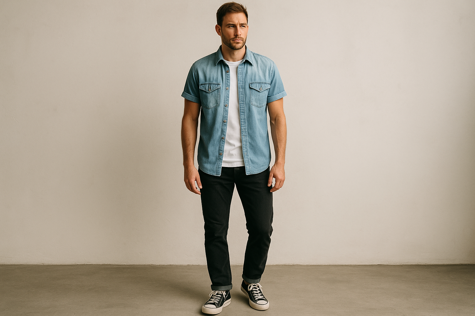 Camisa de mezclilla sobre camiseta con jeans negros