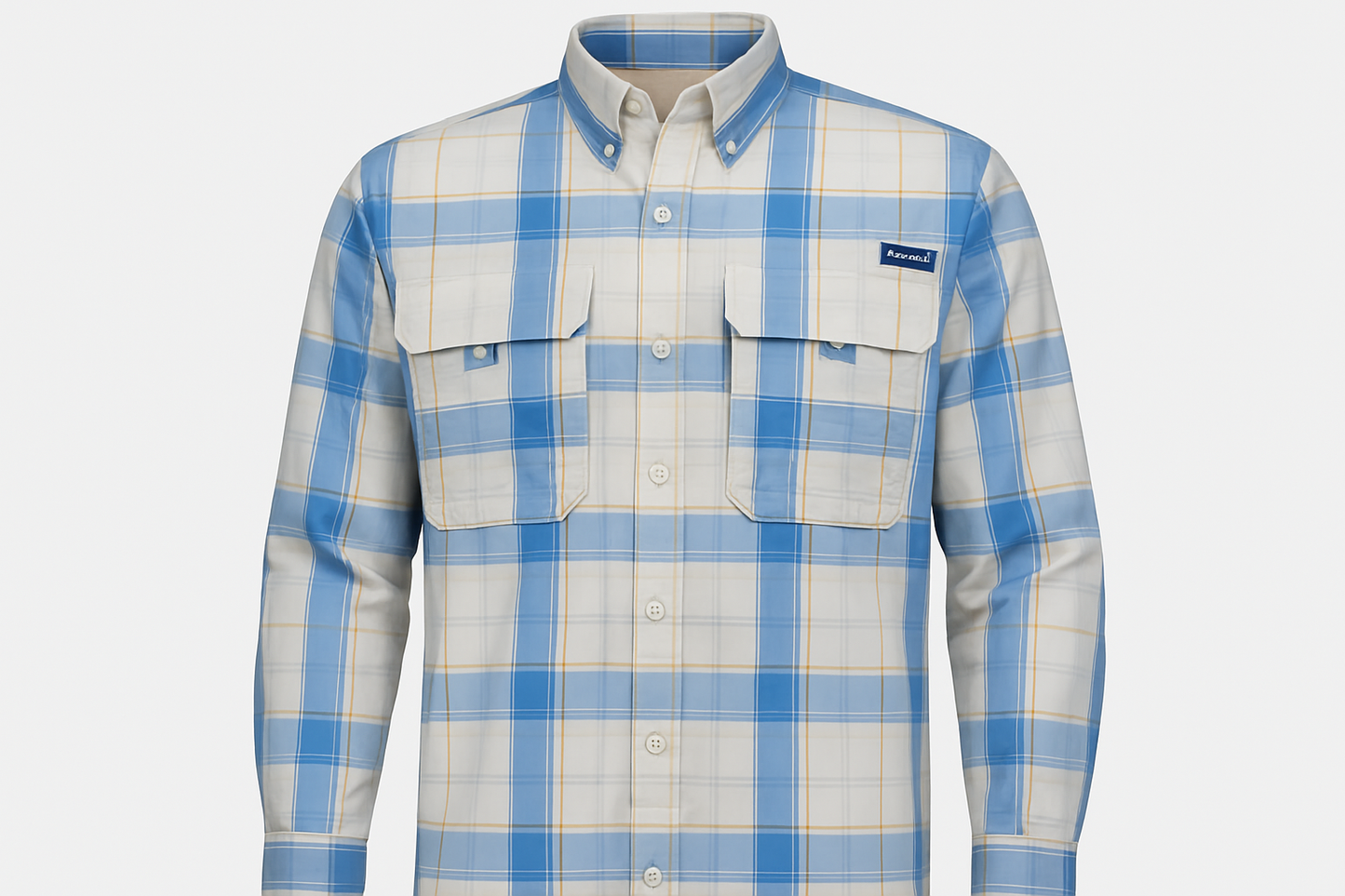 Camisa de pesca a cuadros azules y blancos con múltiples bolsillos tipo ghost mannequin