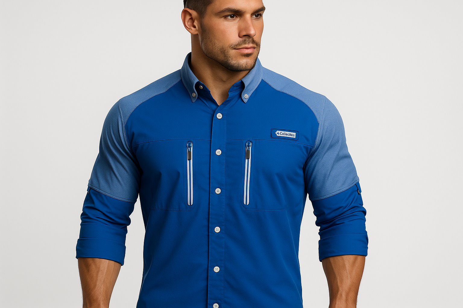 Camisa de pesca Columbia azul con gris con modelo atlético