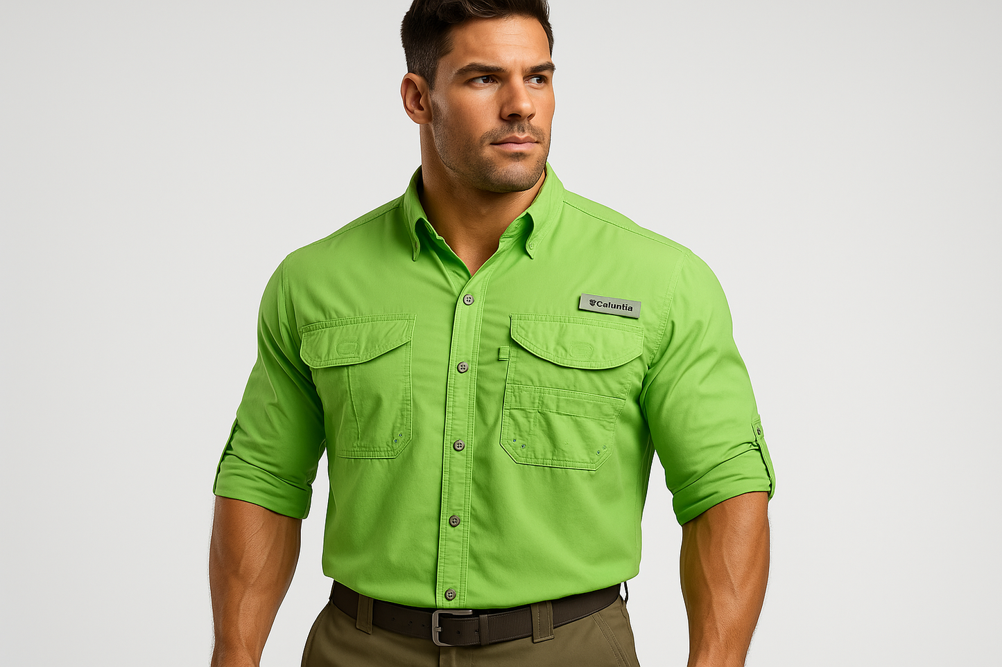 Camisa de pesca Columbia verde con modelo atlético