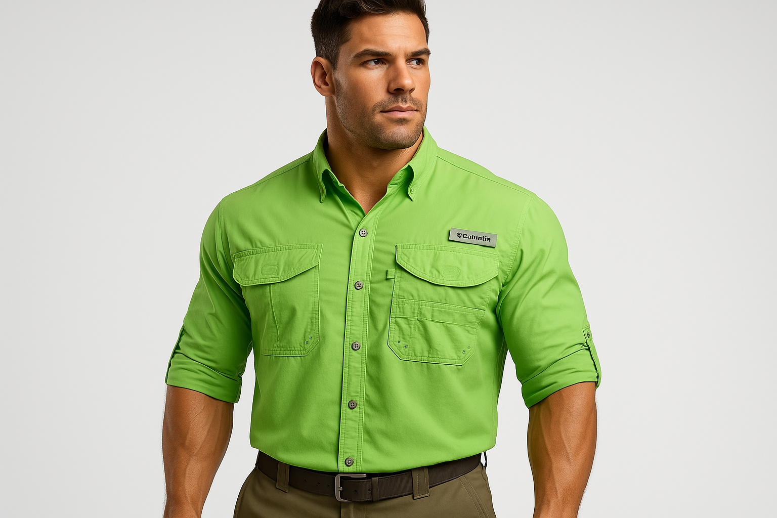 Camisa de pesca Columbia verde con modelo atlético