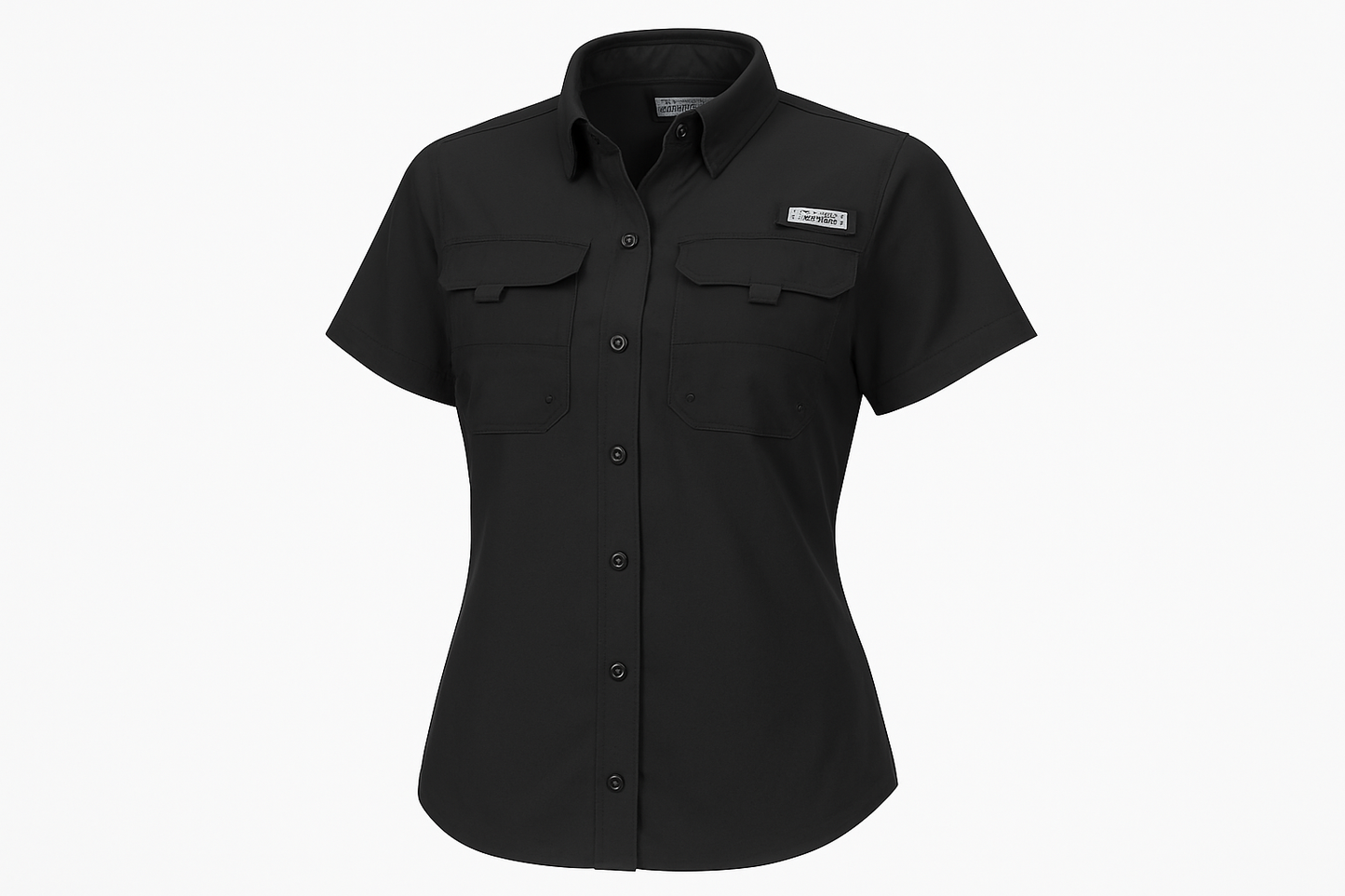 Camisa de pesca negra Columbia ghost mannequin silueta femenina