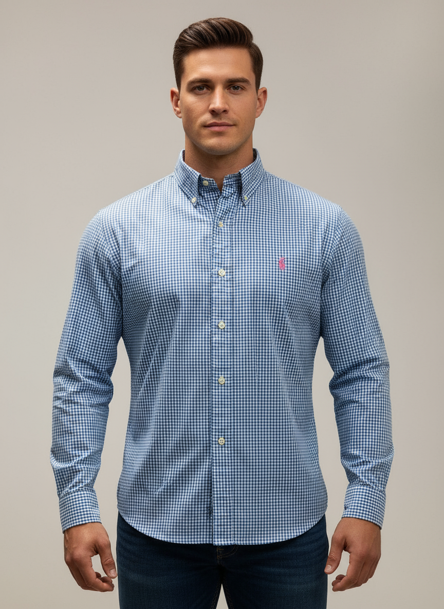 Camisa Gingham Azul con Modelo Atlético Talla M