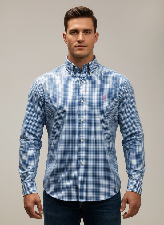 Camisa Gingham Azul con Modelo Atlético Talla M